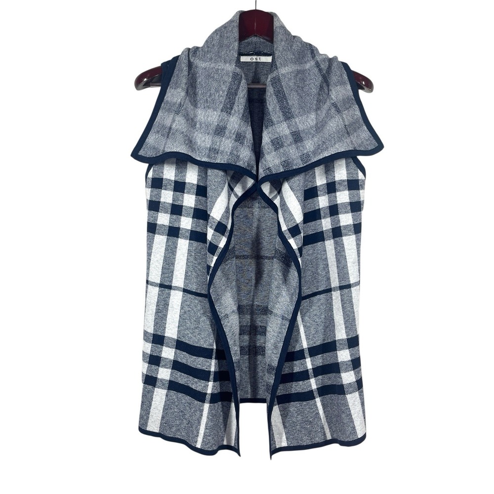 OST Cotton Cashmere Blend Sleeveless Knit Cardigan Sz S Blue Plaid Shawl Collar